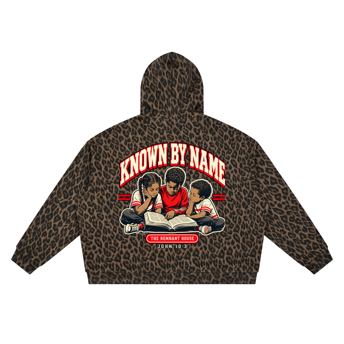 Known by Name hoodie back graphic with The Remnant House label and John 10:3 reference
