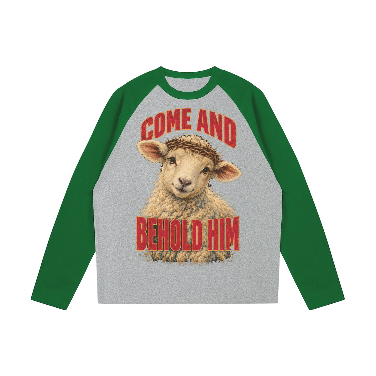 Front view of the flower gray and green Come and Behold Him color-blocked cotton raglan tee
