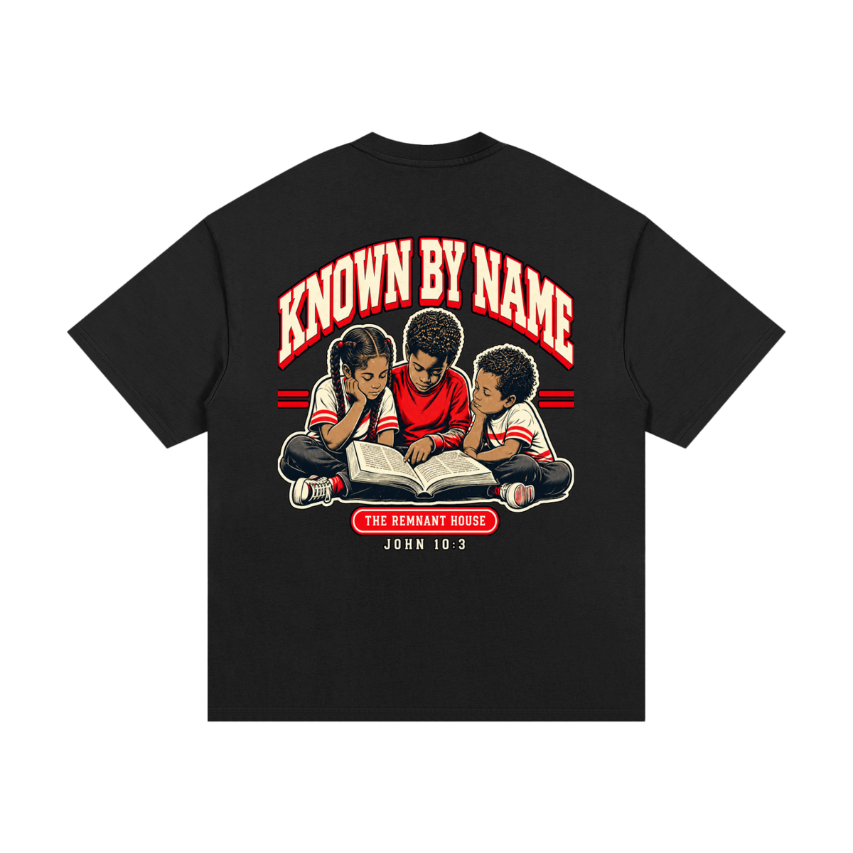 Back view of black Known by Name tee with children reading Scripture and John 10:3 artwork