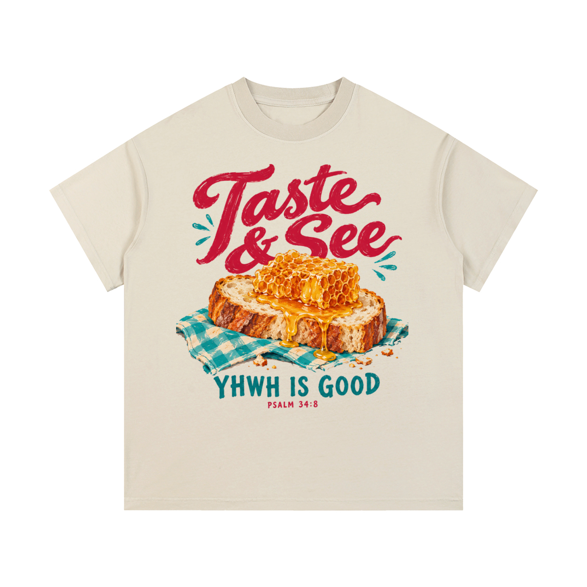 Front view of light apricot Taste & See vintage-wash cotton tee with Psalm 34:8 artwork