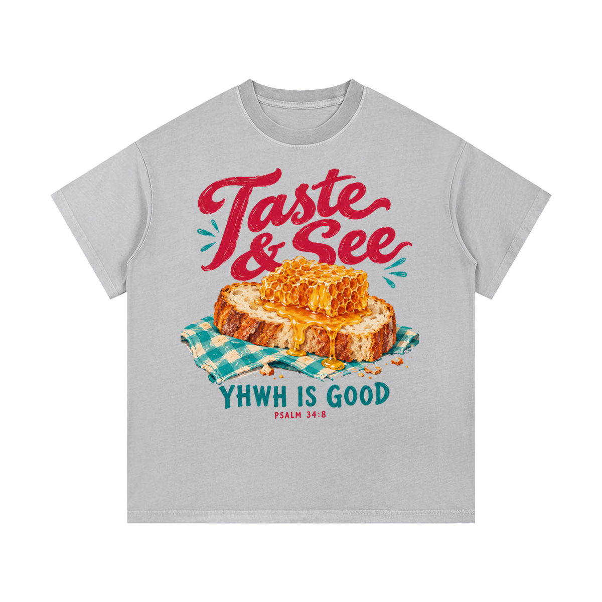 Front view of light gray Taste & See vintage-wash cotton tee with bread-and-honey artwork