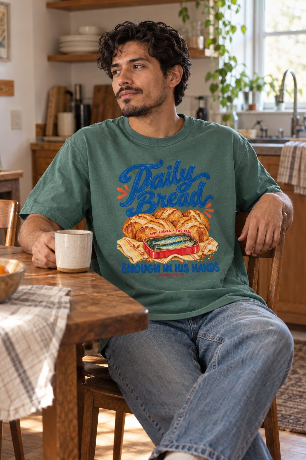 Man wearing the washed-pine Daily Bread heavyweight oversized tee in a sunlit kitchen