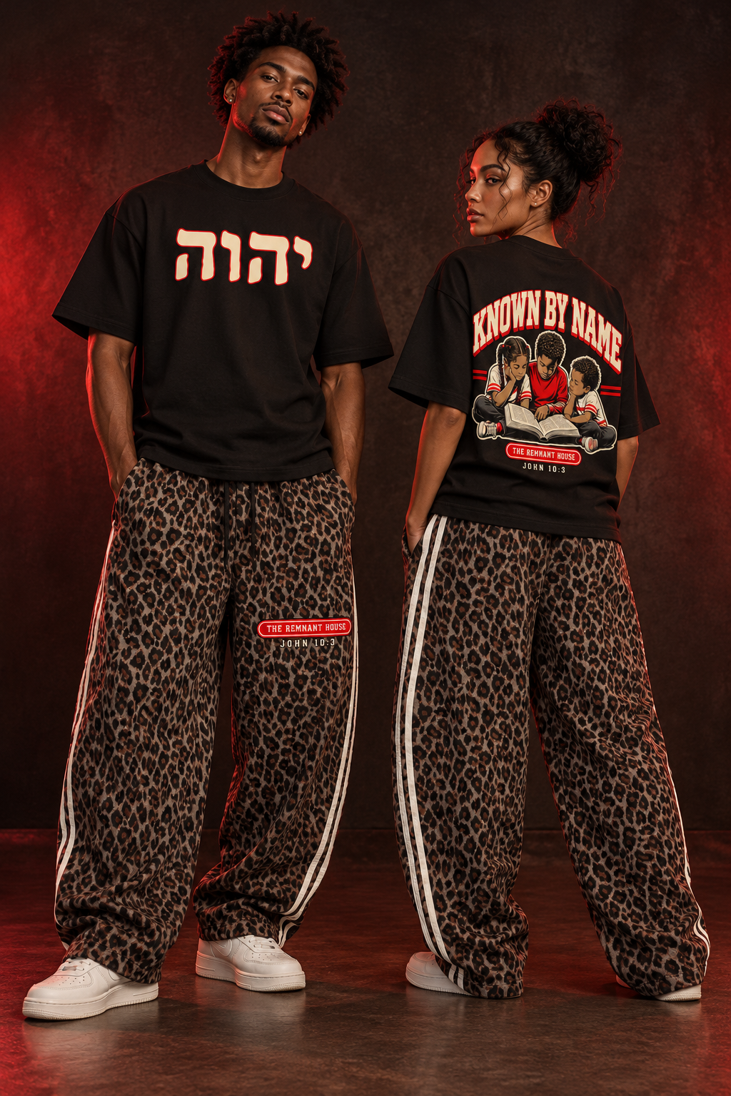 Known by Name heavyweight black tee styled with leopard barrel-leg pants