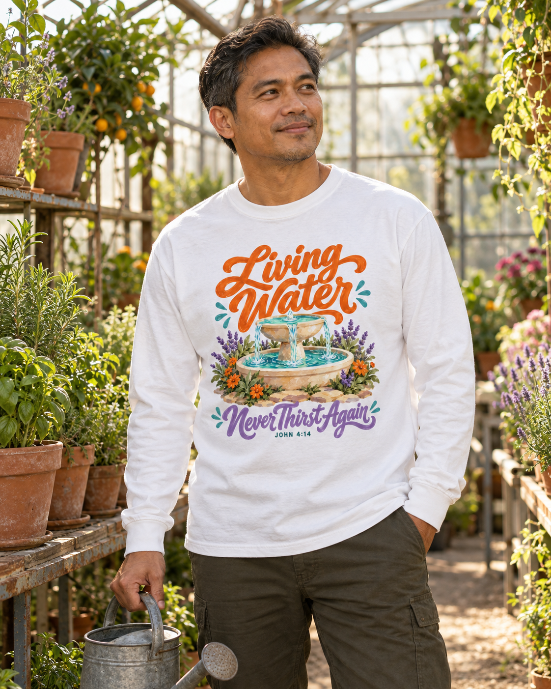 Man wearing the white Living Water garment-dyed long-sleeve tee in a sunlit greenhouse
