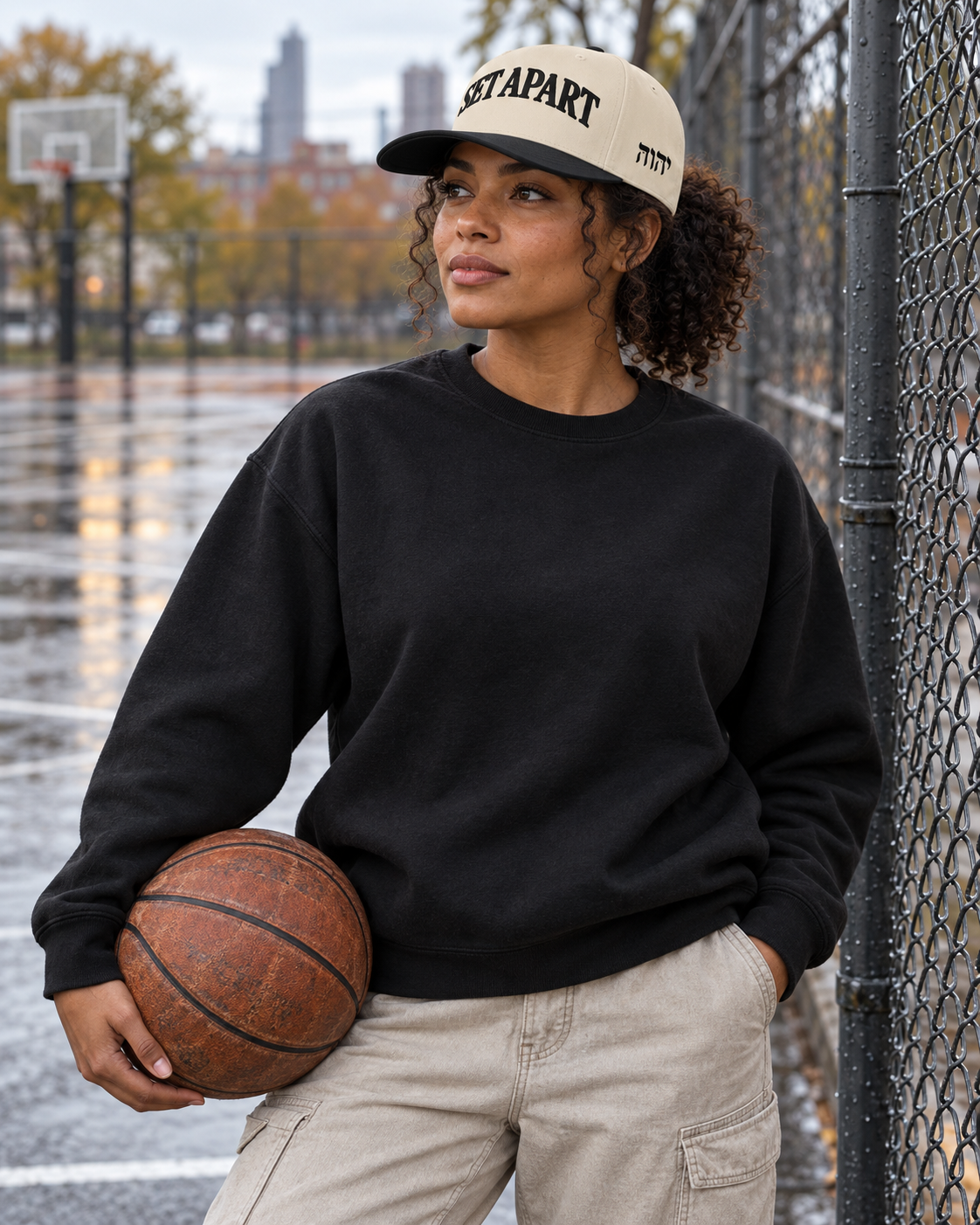 Woman wearing the black and natural Set Apart embroidered five-panel cap on a neighborhood basketball court