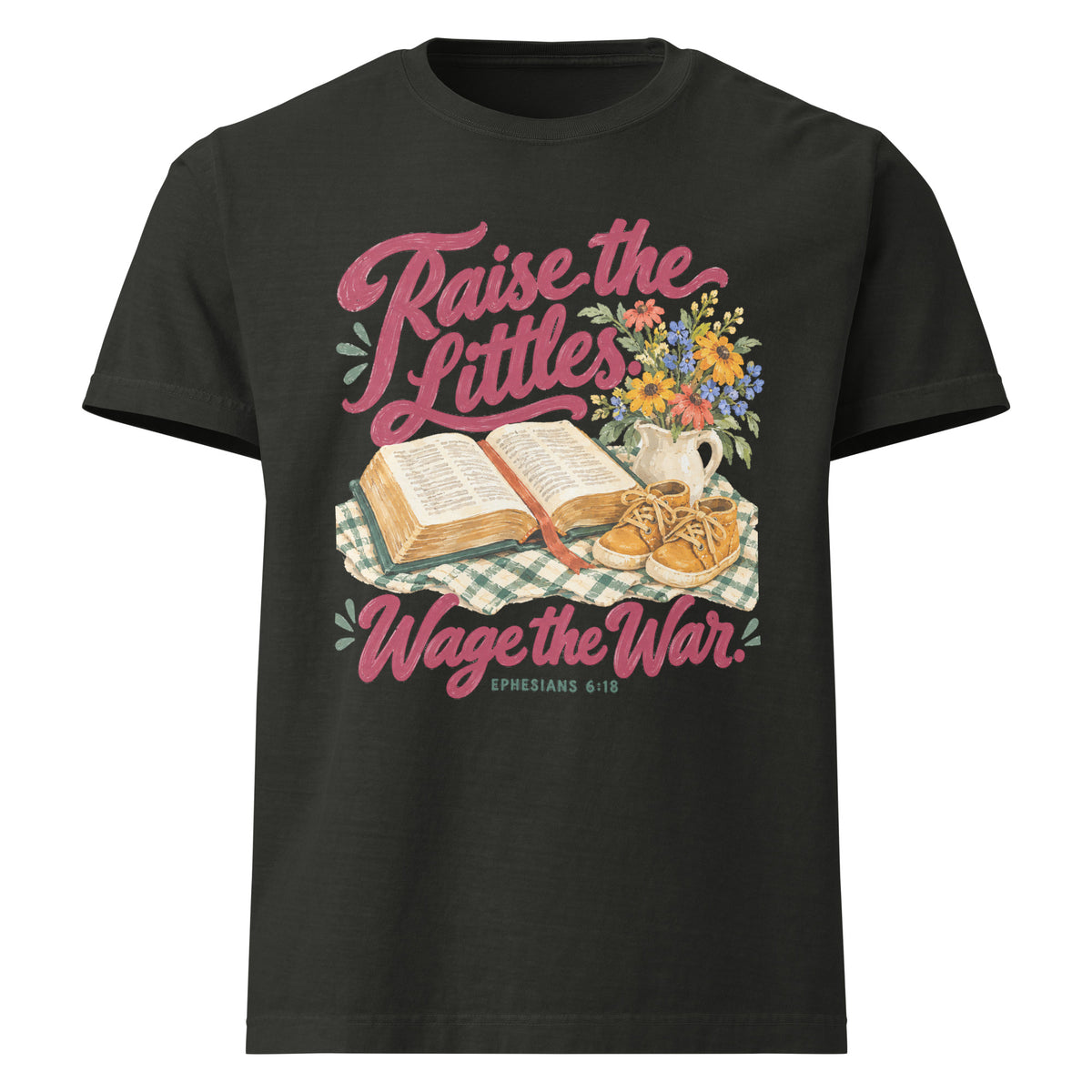 Washed-black Raise the Littles, Wage the War heavyweight oversized cotton tee, front view