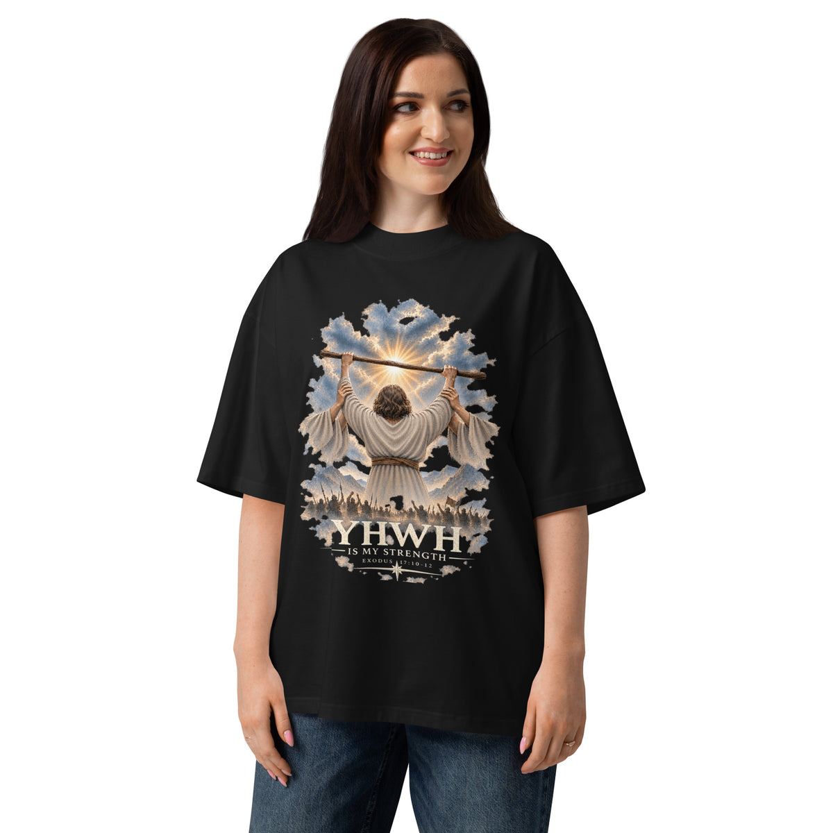 YHWH Is My Strength Exodus 17 artwork printed on a black oversized organic tee