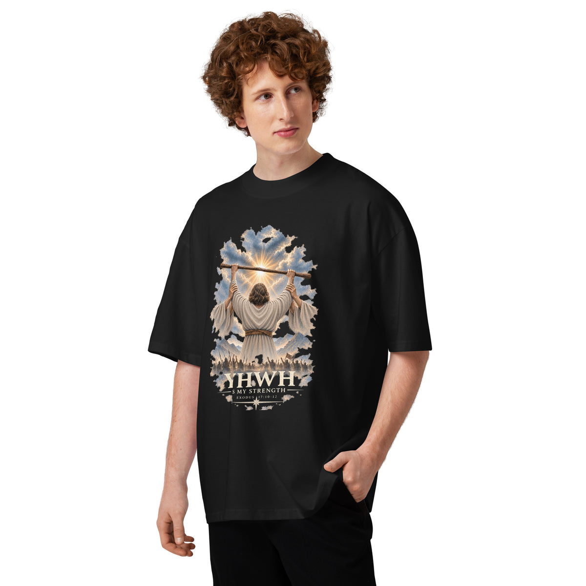 Black YHWH Is My Strength oversized organic tee with large front artwork