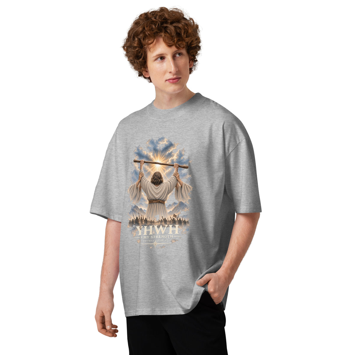 Heather grey YHWH Is My Strength oversized organic tee with large front artwork