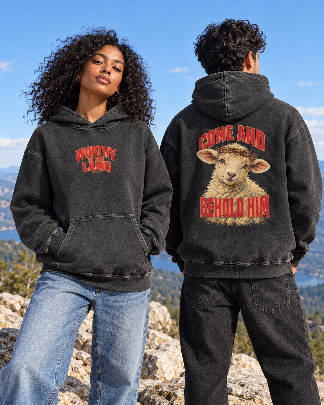 Front and back campaign mockup of the black snow-washed Worthy Is the Lamb hoodie outdoors
