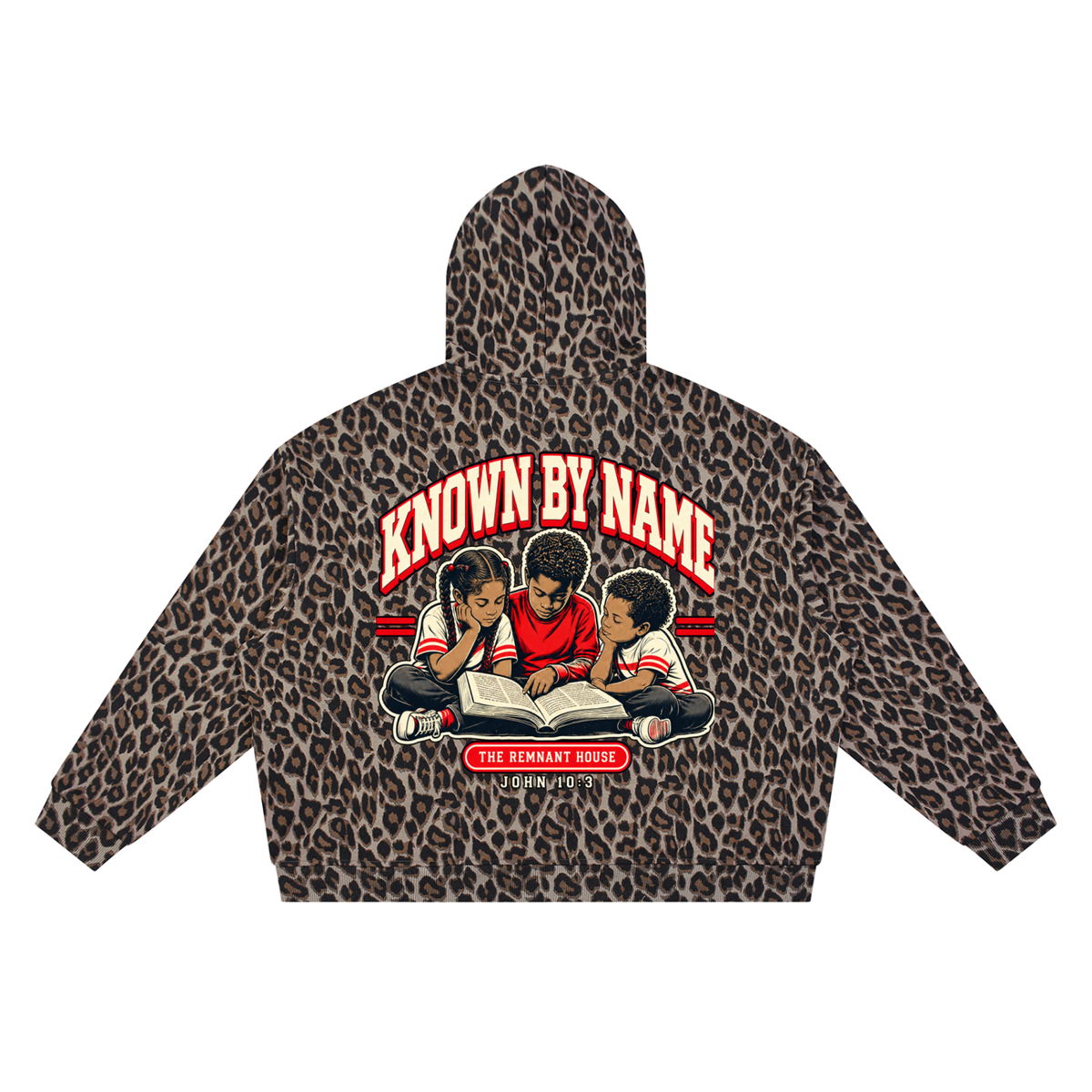 Back view of the Known by Name leopard hoodie with three children reading Scripture and John 10:3