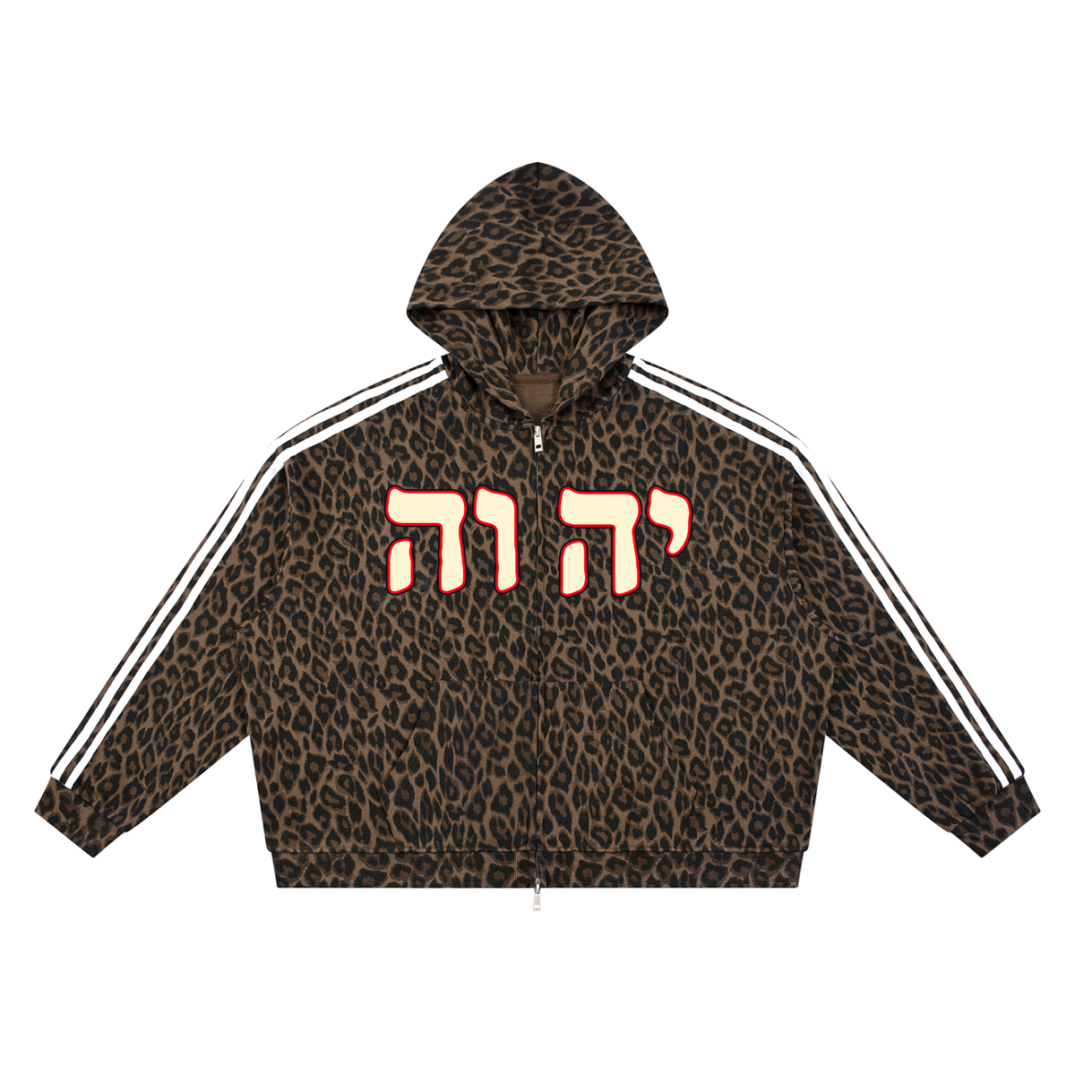 Known by Name heavyweight leopard full-zip hoodie front with cream and scarlet Hebrew lettering