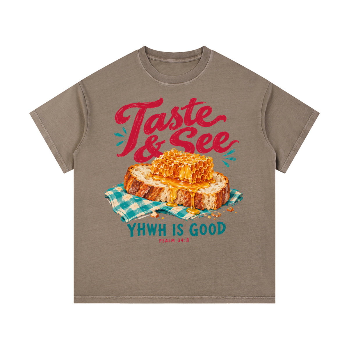 Front view of coffee Taste & See vintage-wash cotton tee with bread-and-honey artwork