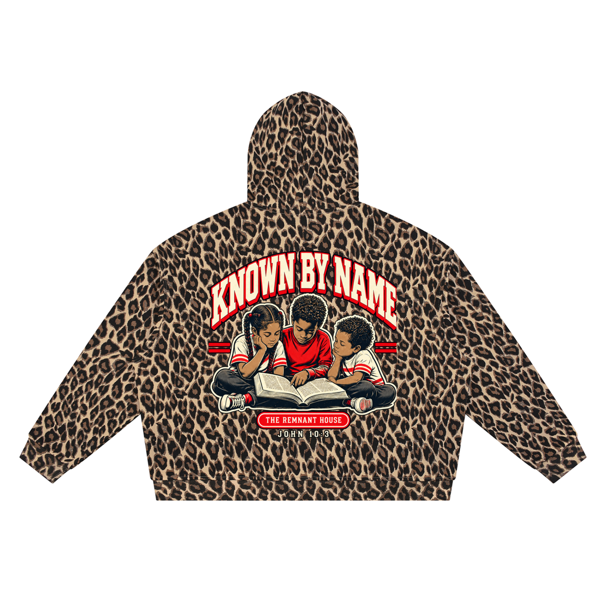 Back artwork on the Known by Name leopard hoodie showing children gathered around an open Bible