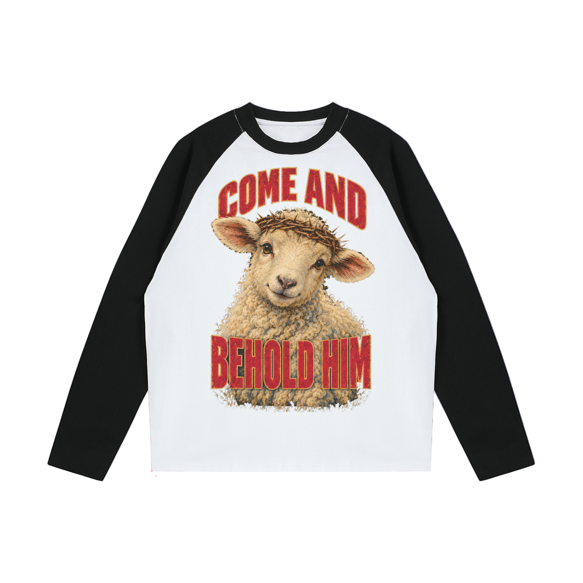 Front view of the white and black Come and Behold Him color-blocked cotton raglan tee