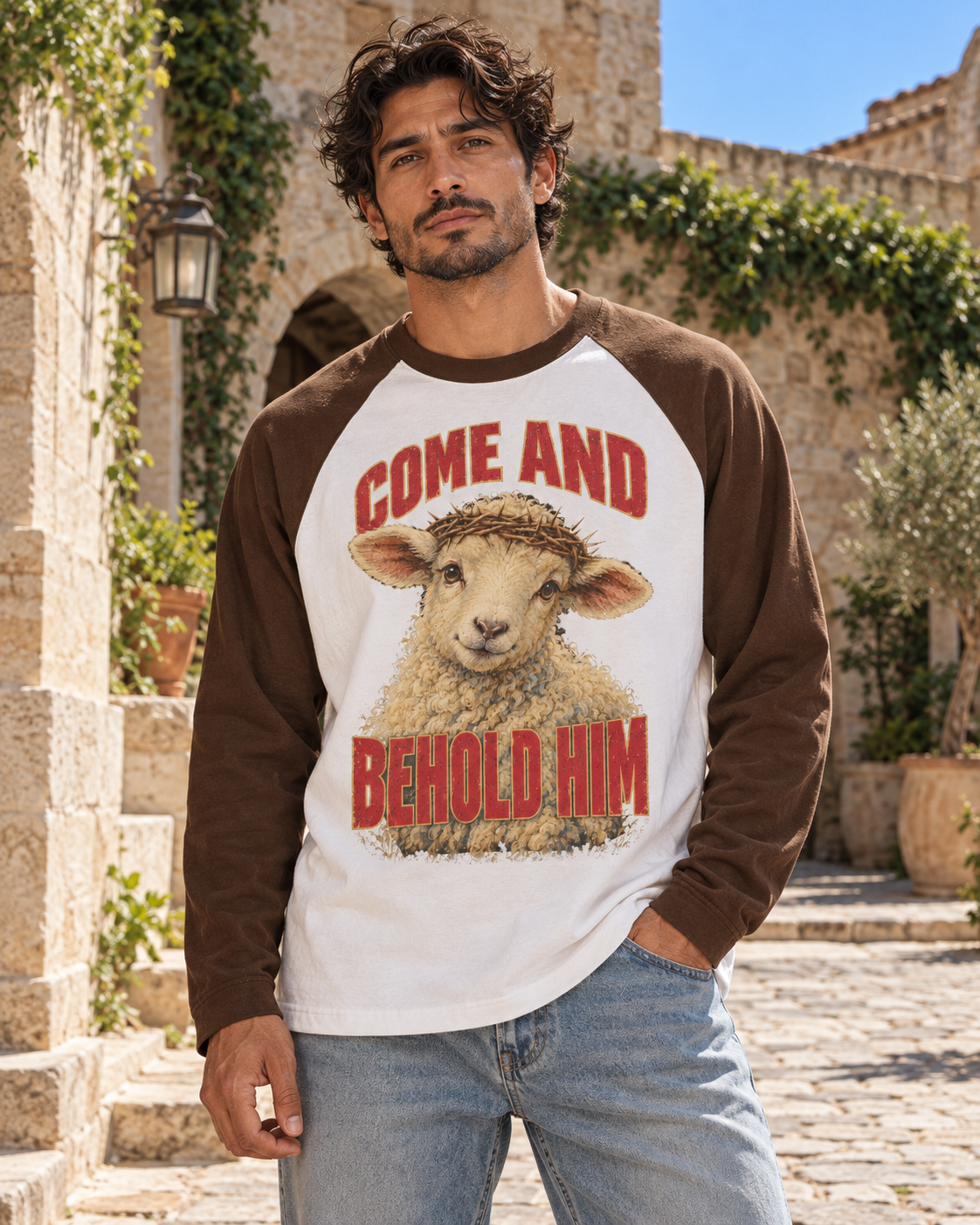 Model wearing the white and coffee Come and Behold Him color-blocked cotton raglan tee