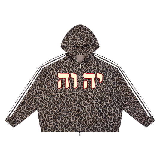 Front view of the Known by Name 100% cotton leopard full-zip hoodie with יהוה across the chest