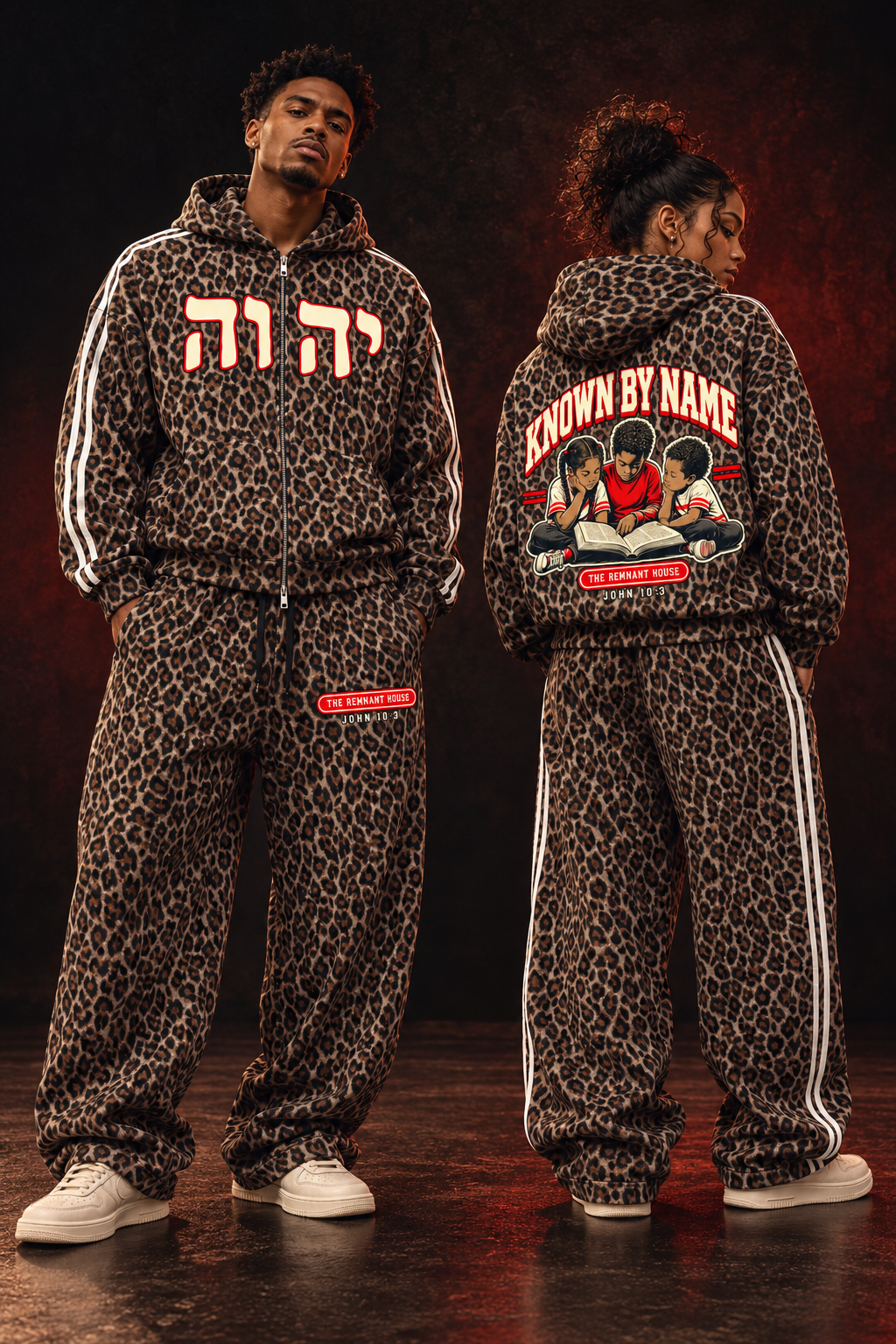 Models wearing the Known by Name leopard full-zip hoodie and matching barrel-leg pants, showing front and back artwork