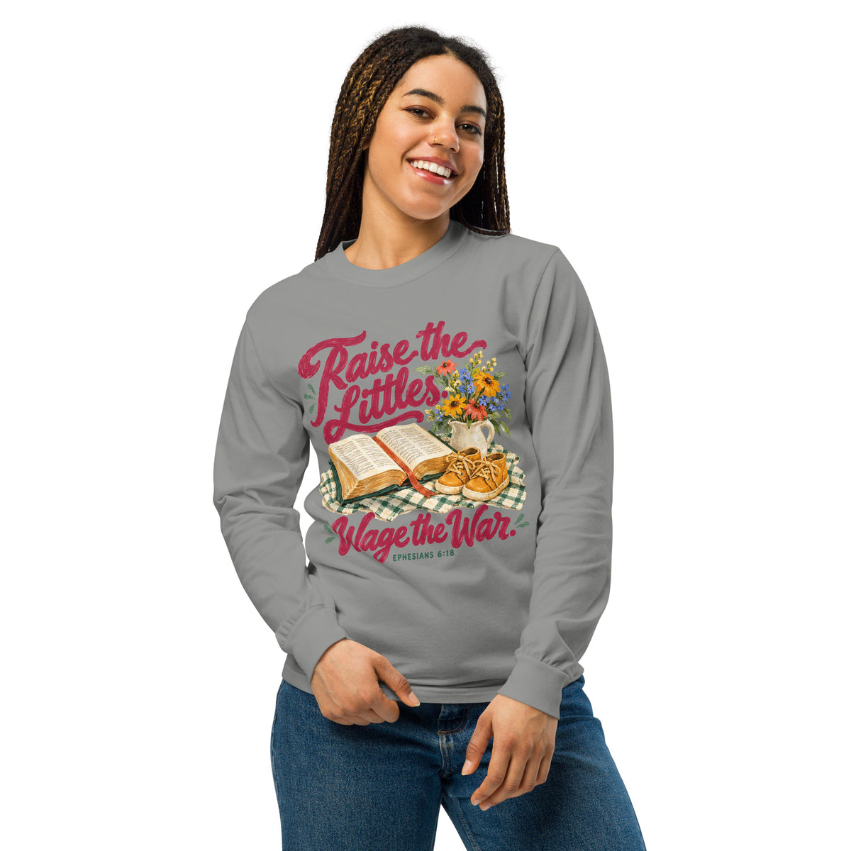 Woman modeling the grey Raise the Littles, Wage the War garment-dyed long-sleeve tee