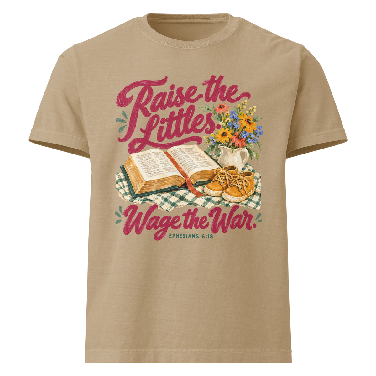 Khaki Raise the Littles, Wage the War heavyweight oversized cotton tee, front view