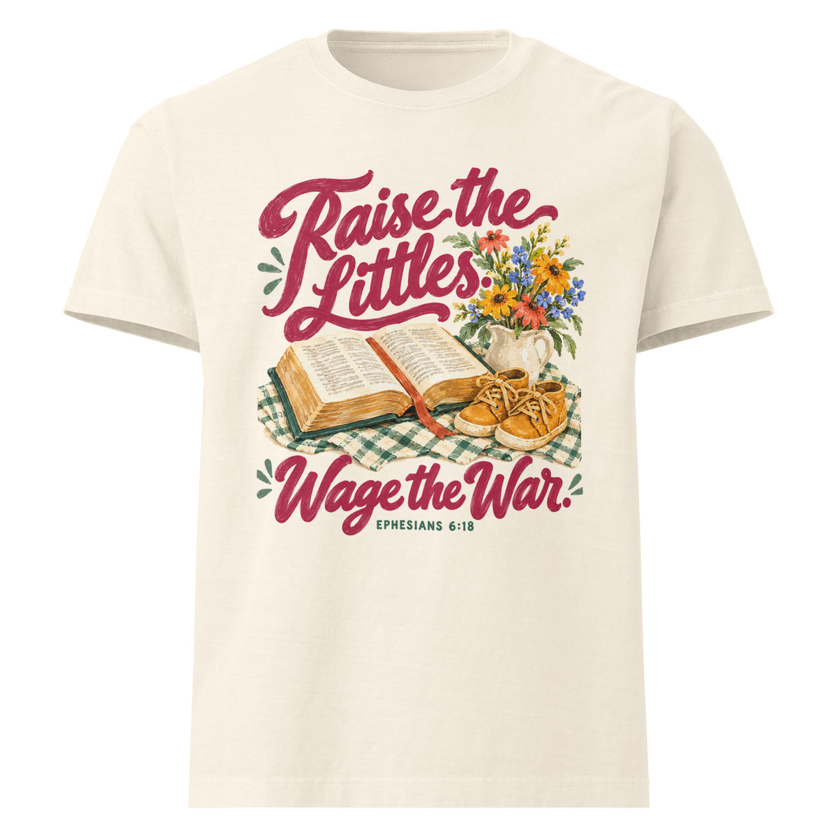 Vintage-white Raise the Littles, Wage the War heavyweight oversized cotton tee, front view