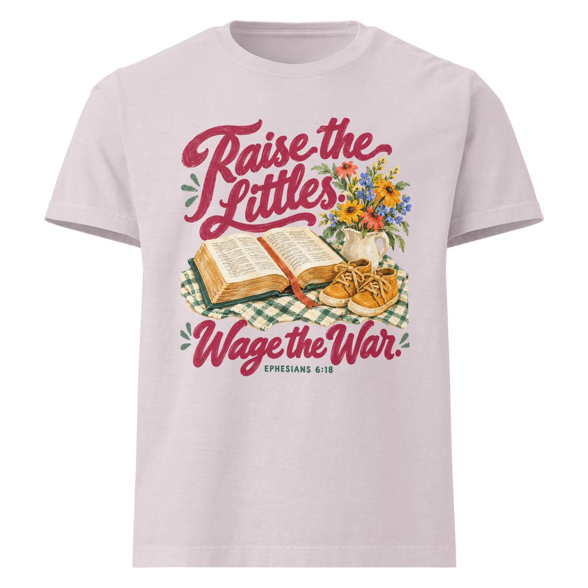 Washed-lavender Raise the Littles, Wage the War heavyweight oversized cotton tee, front view