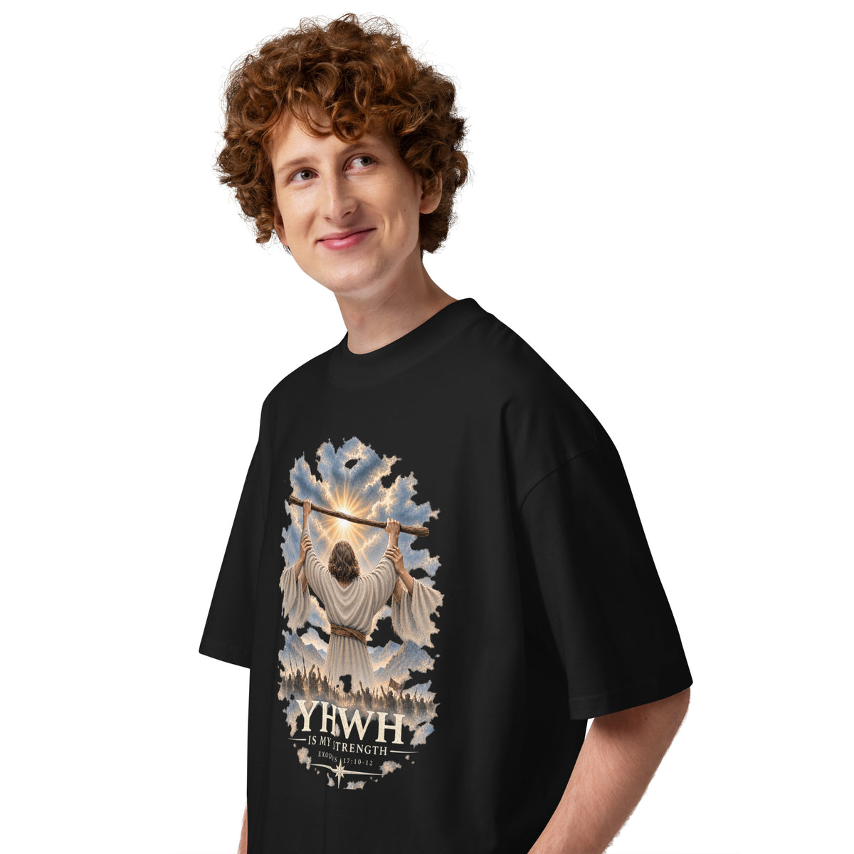 Black YHWH Is My Strength oversized organic tee, side view