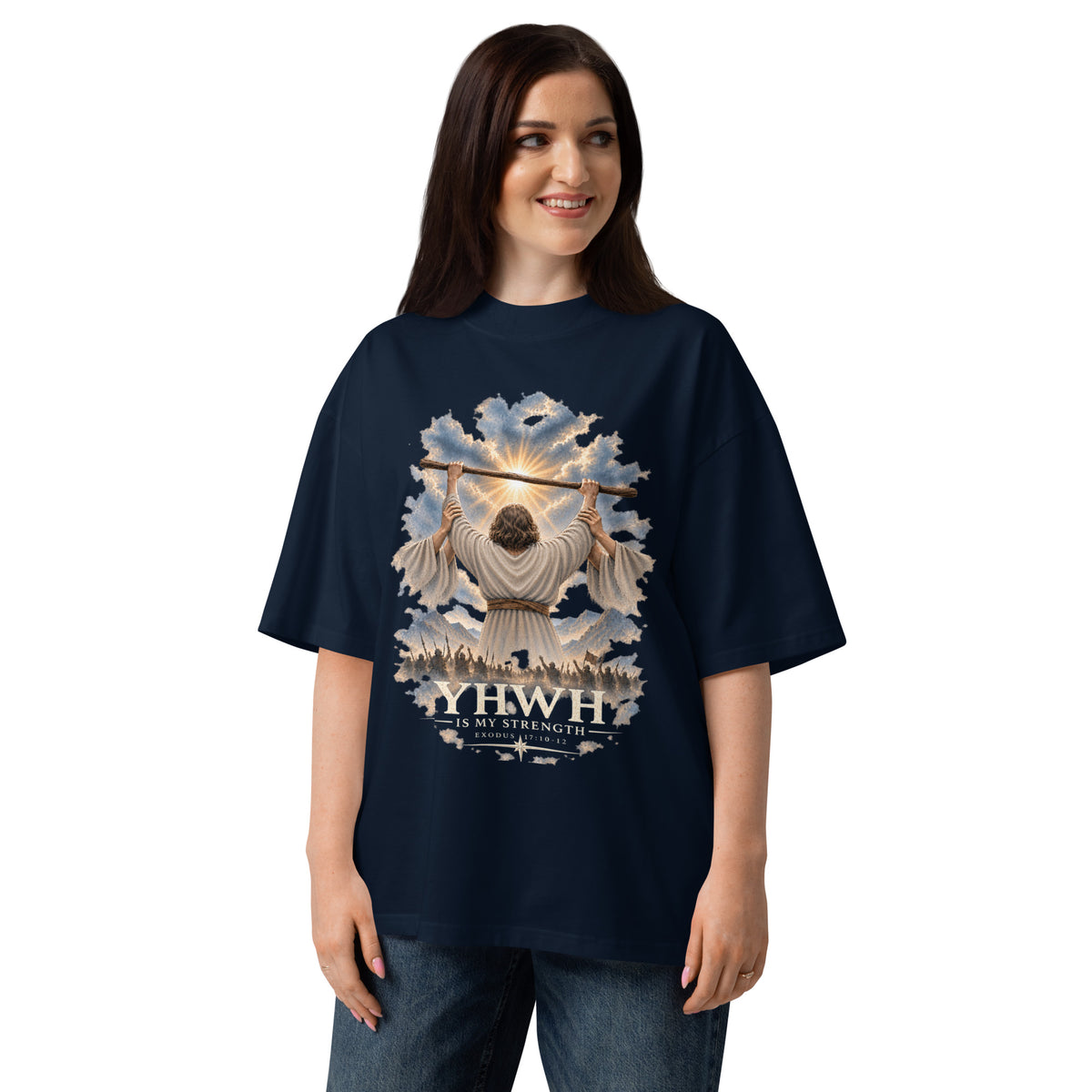 YHWH Is My Strength Exodus 17 artwork printed on a French navy oversized organic tee