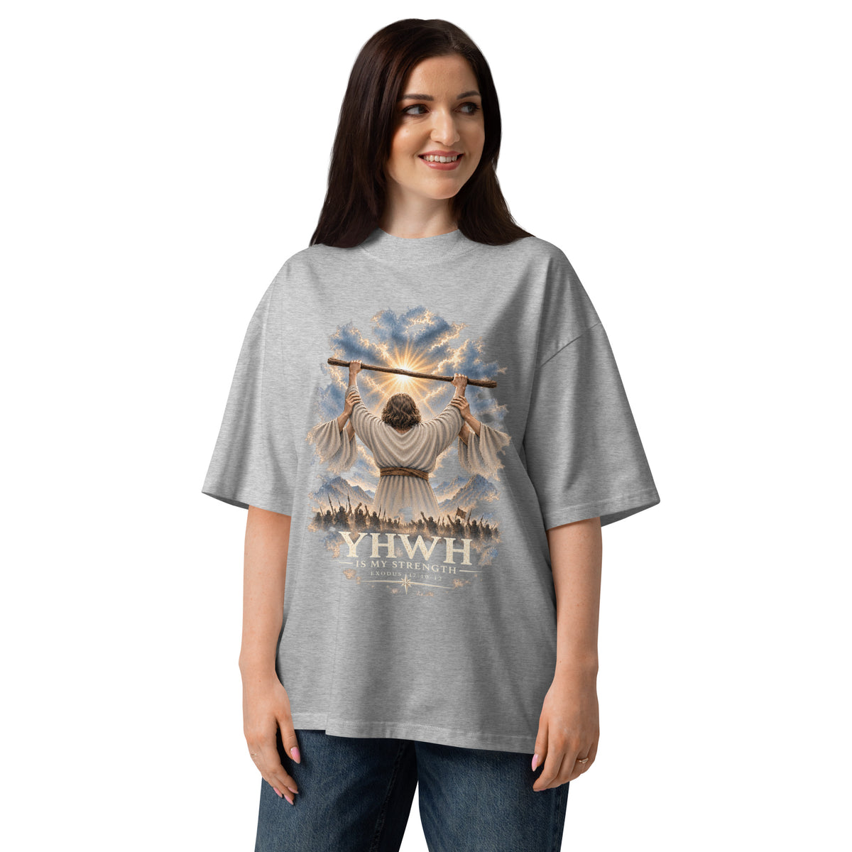 YHWH Is My Strength Exodus 17 artwork printed on a heather grey oversized organic tee