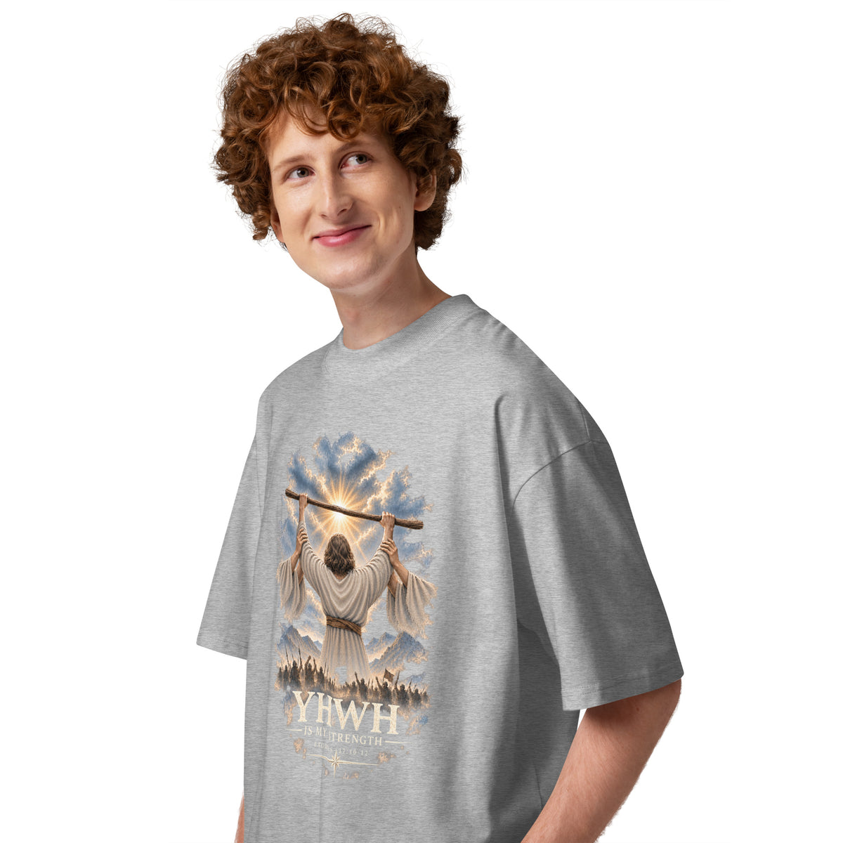Heather grey YHWH Is My Strength oversized organic tee, side view