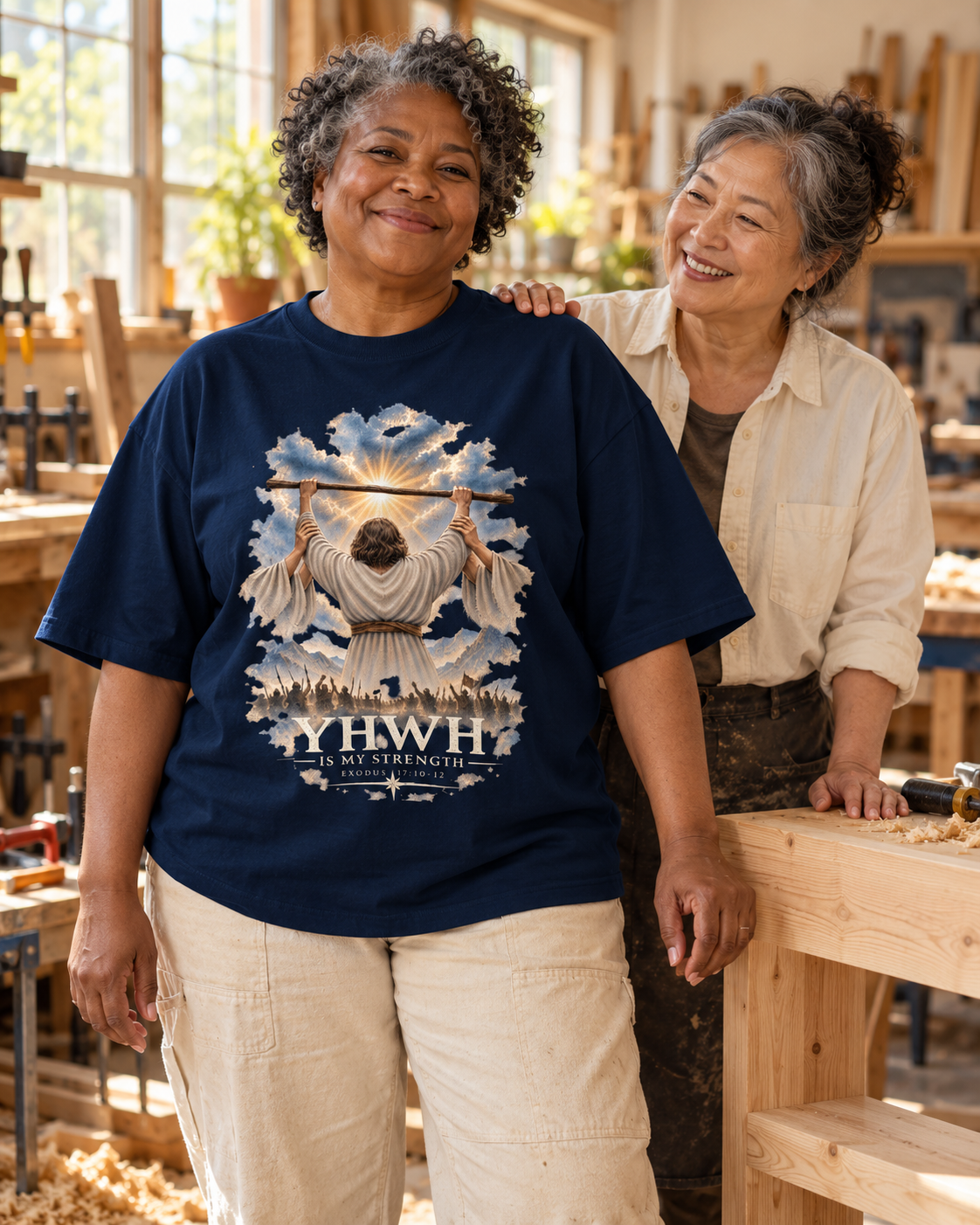 Two women in a woodworking studio, one wearing the French navy YHWH Is My Strength oversized organic tee